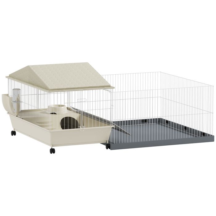 Cage cochon dinde cage pour petits animaux avec parc amovible tapis imperméable mangeoire à foin 108 x 71 x 57 cm beige