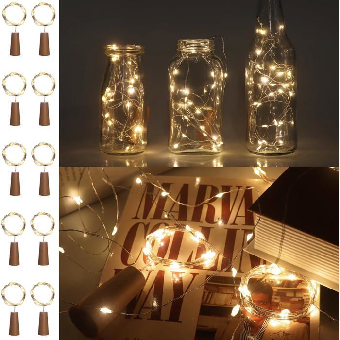 Lot de 10 Lumières de Bouteille Avec Liège Blanc Chaud 2M 20 LED Mini Guirlande Lumineuse en Fil de Cuivre étanche (Blanc Chaud)