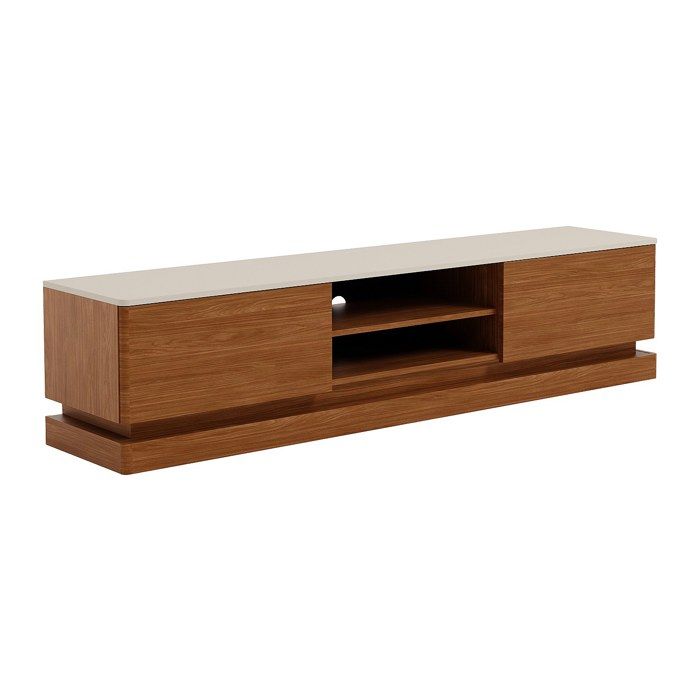 Meuble TV 2 tiroirs et 2 niches avec LEDs en MDF - Naturel foncé et beige - DEVIKA Meuble TV 2 tiroirs et 2 niches avec LEDs en MDF - Naturel foncé et beige - DEVIKA