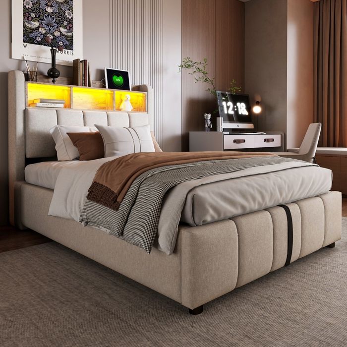 Lit coffre 90x200 avec LED et USB Lit adulte rembourré avec rangement sommier à Lattes 1 étagère 3 compartiments Lin beige