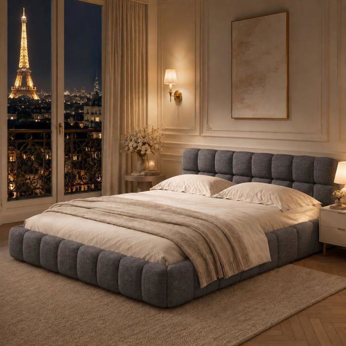 Lit Double Rembourré 160x200 cm Lit avec Sommier à Lattes Dossier moelleux Tissu en lin Gris