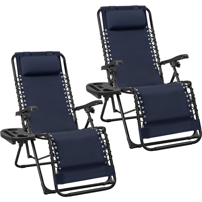 Yaheetech Lot de 2 Chaise Longue Zéro Gravité Inclinable Chaise de Transat avec Plateau Coussin pour Extérieur Bleu