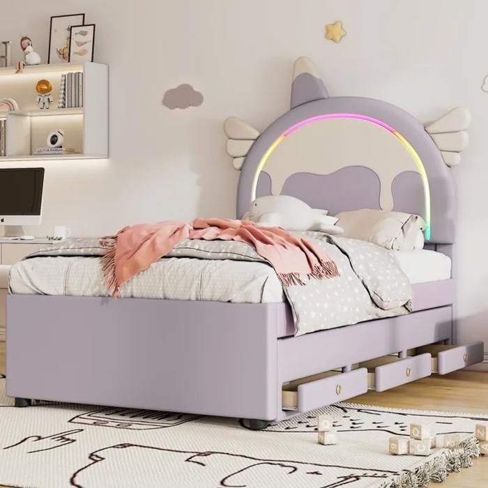 Lit enfant 90 × 200 cm Lit simple en forme de licorne avec tiroir de rangement coulissant et tête de lit - Violet