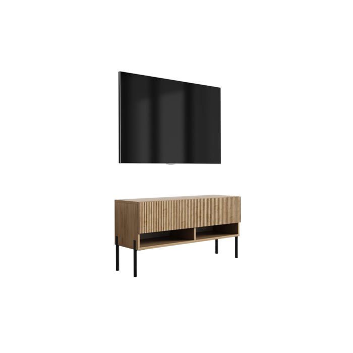 Meuble TV - Façade rainurée Chêne Craft - 100×32×52 cm - Pieds droits noirs - Étagère & placard