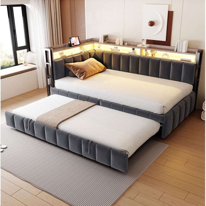 Lit modulable gris 90×200 cm gigogne avec LED USB et rangements sommier inclus sans matelas