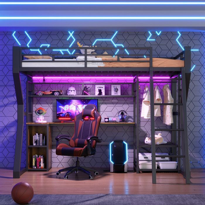 Lit mezzanine enfant 90x200cm lit ado avec lumineuse LED et prises lit simple Penderie bureau rangements sommier à lattes noir