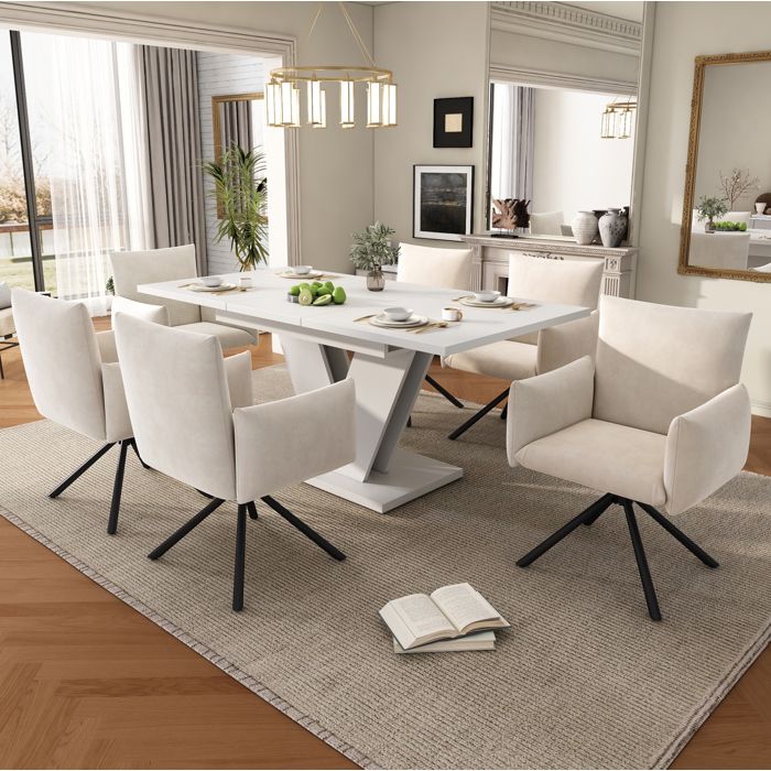 Ensemble table à manger 120/160x80 cm EVRYAE - table extensible 6 chaises pivotantes 360 plateau MDF - Blanc