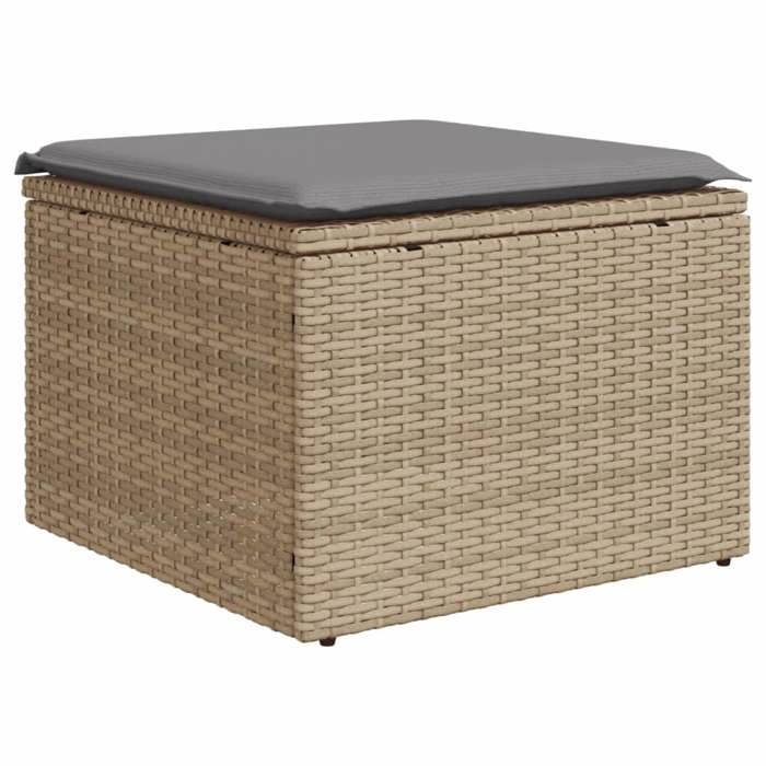 Beige Pouf dextérieur - Tabouret de jardin avec coussin beige 55x55x37cm résine tressée m4026