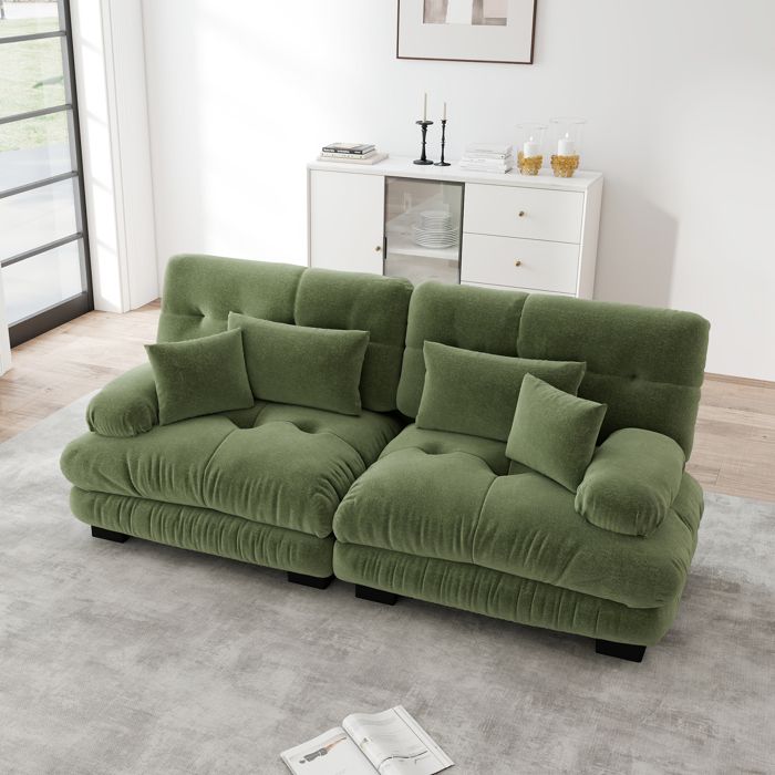 Canapé 2 Places Effet Nuage Canapé Salon Confortable avec 4 Coussins - Assise Profonde - Structure Bois Massif - Chenille Vert