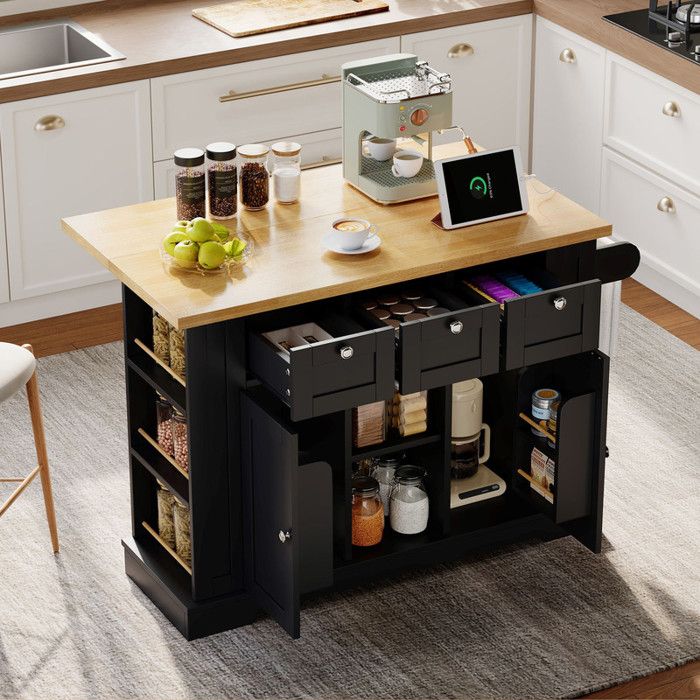 ilot central cuisine avec tiroir et étagère à épices Table de cuisine avec 4 roues et prise intégrée et porte-serviettes Noir