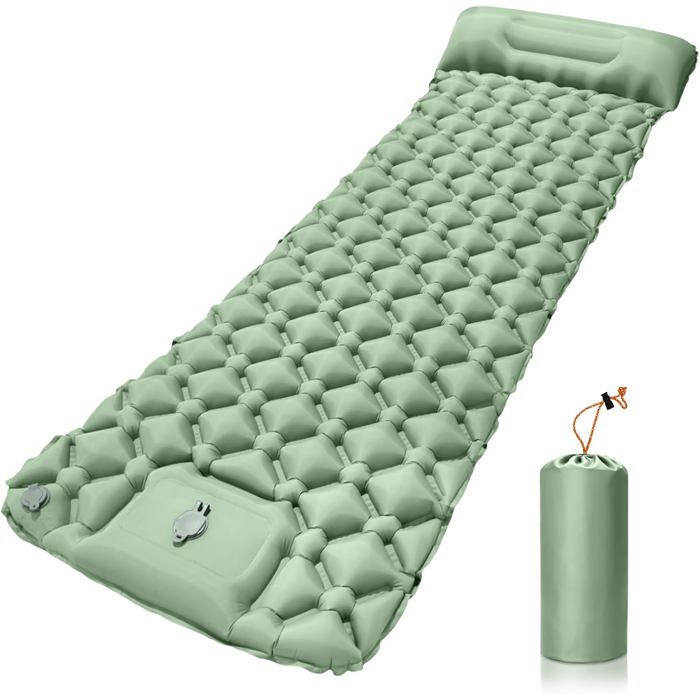 Matelas de camping matelas autogonflant avec oreiller et pompe à pied intégrée adapté aux tentes et aux plages (vert).