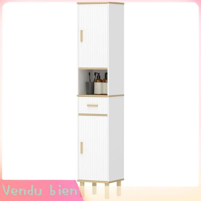 LIA Meuble colonne salle de bain meuble de rangement étroit avec 2 portes tiroir compartiment ouvert blanc