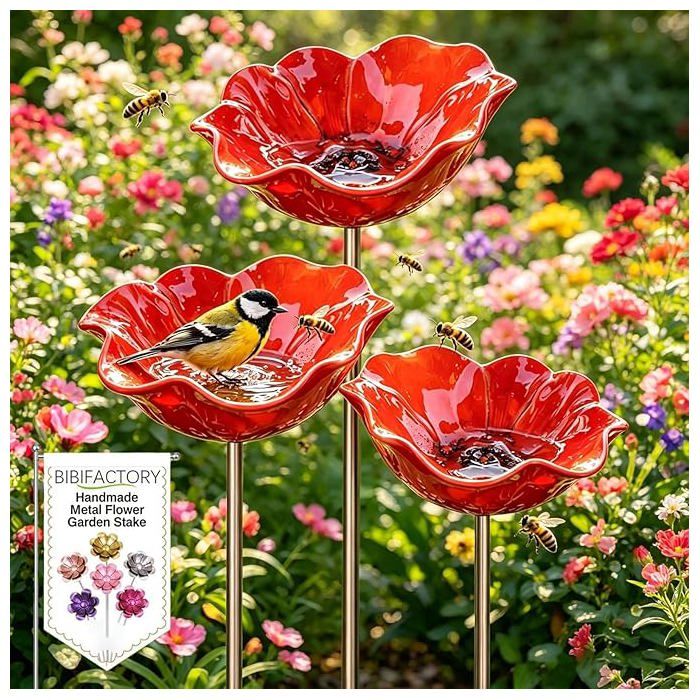 Ensemble de 3 piquets de jardin décoratifs en métal — Motifs floraux et bain doiseaux — Fabrication artisanale Piquet avec bain..