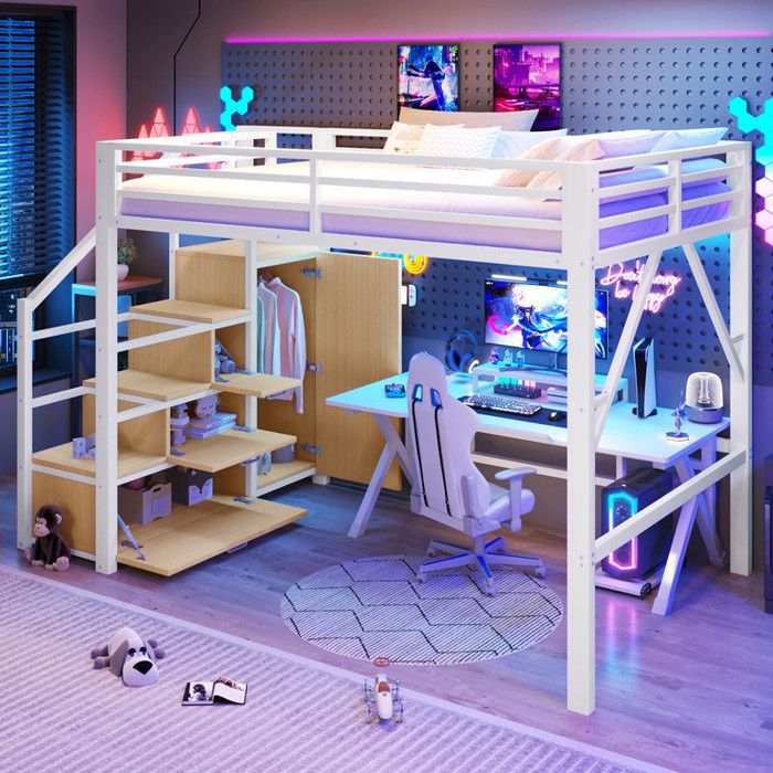 Lit mezzanine enfant 140x200cm Lit double rangement et penderie lit 2 places éclairage LED et sommier à lattes métal blanc