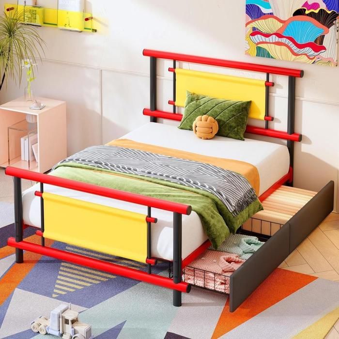 Lit enfant - KOMHTOM - 90x200 cm - Métal robuste - 2 tiroirs gain de place - Sommier à lattes Lit enfant - KOMHTOM - 90x200 cm - Métal robuste - 2 tiroirs gain de place - Sommier à lattes
