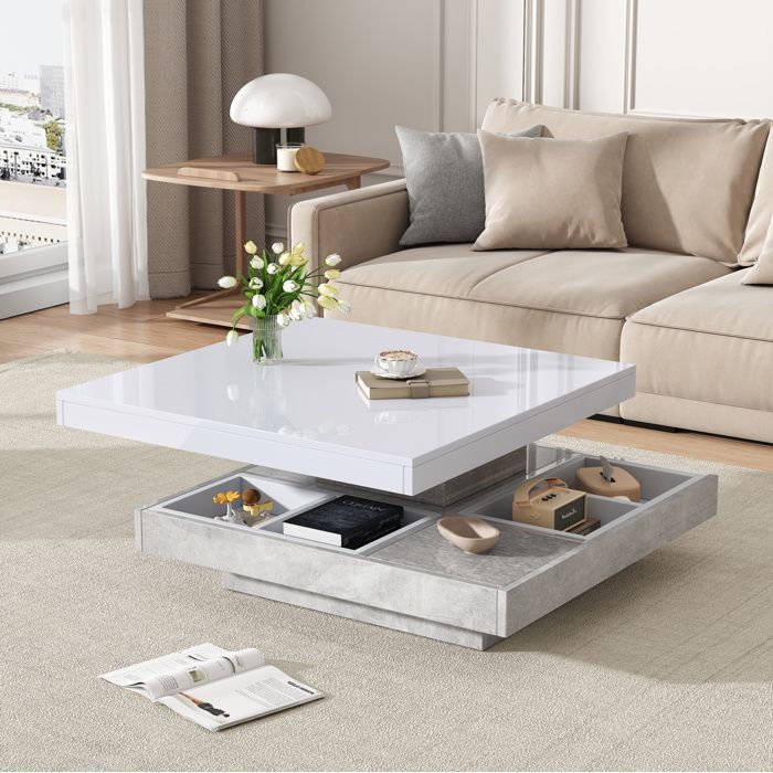 Table basse rotative 360° – Double plateau – Blanc aspect marbre – Panneaux de particules – 70 x 70 x 36 cm
