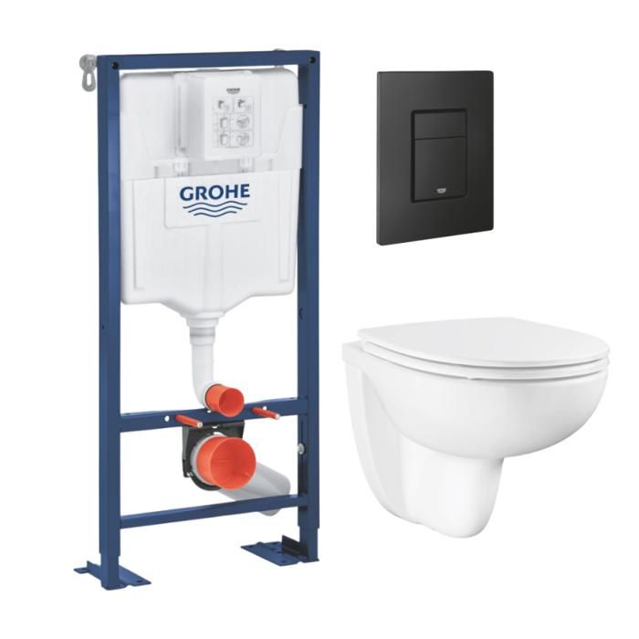 Grohe Pack bâti-support autoportant Solido + Cuvette suspendue sans bride avec abattant Bau Ceramic + Plaque commande noir mat