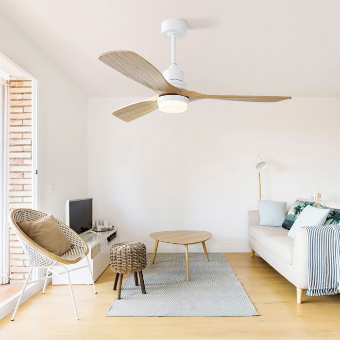 EVRYAE Ventilateur de plafond 52 pouces blanc et bois avec LED 18 W dimmable 6 vitesses télécommande
