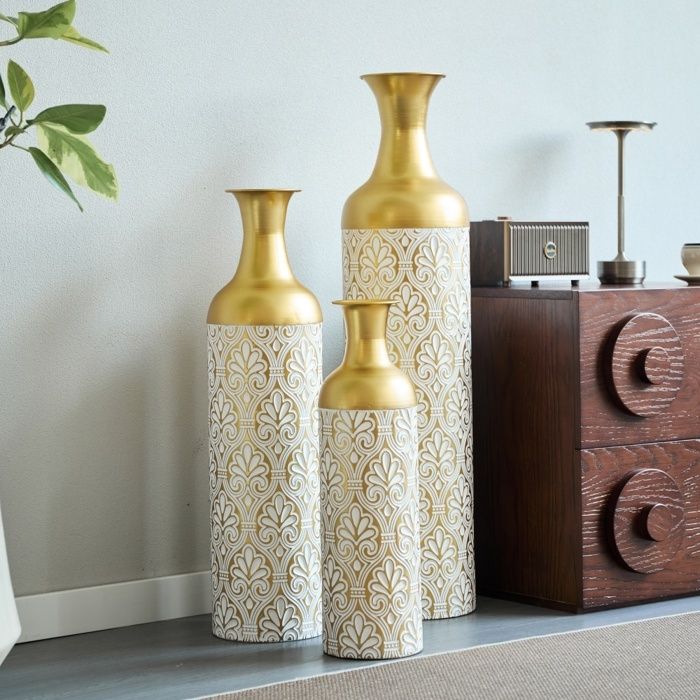 Zitty vase de sol lot de 3 grand vase décoratif en métal doré motif floral vintage 50/66/83 cm blanc et or
