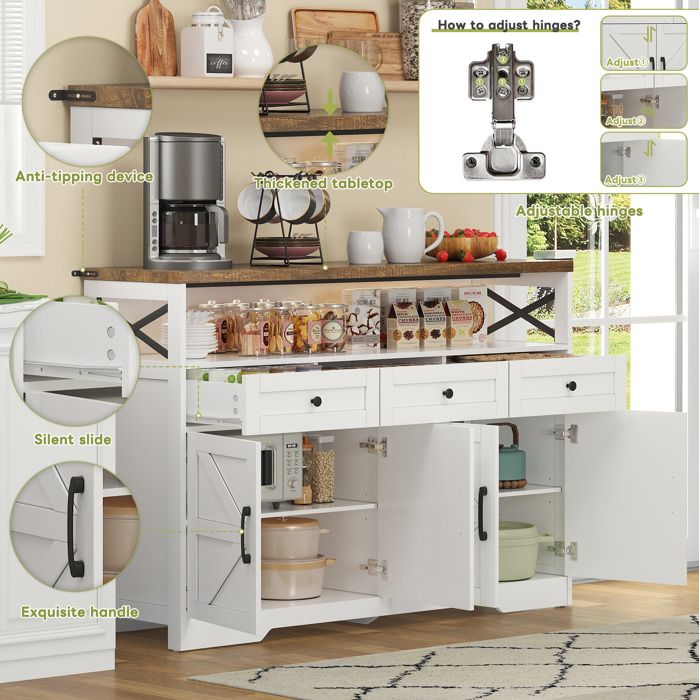 Buffet bahut 140 x 35 x 95 cm avec 3 tiroirs et 4 portes bar à café style campagne en MDF blanc et marron