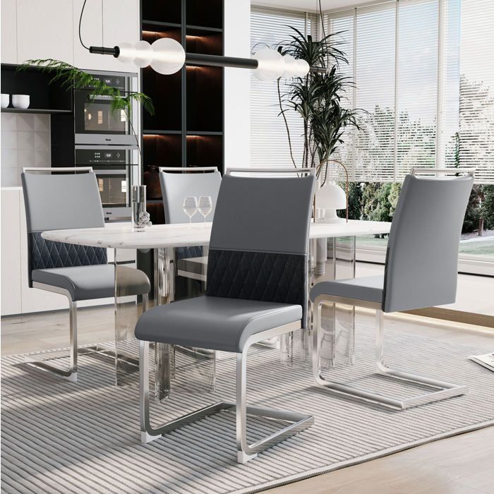 HOMVRA Lot de 4 chaises de salle à manger grises dossier haut rembourré simili PU et tissu lin pieds métal