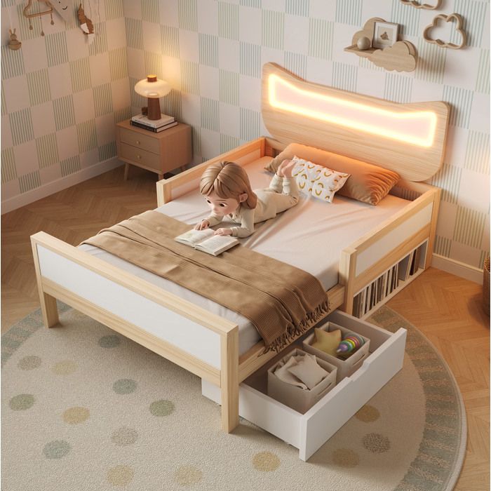 Lit enfant 90 x 190 cm avec tete de lit chat LED RGB tiroir et rangement lateral sommier inclus ORVRYN