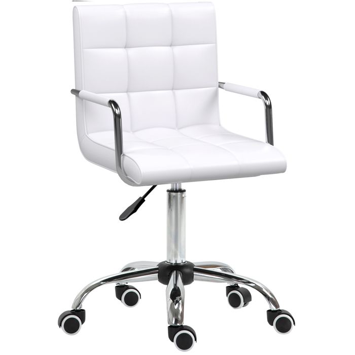 Chaise de bureau pivotante réglable en hauteur blanche en PVC avec accoudoirs et roulettes