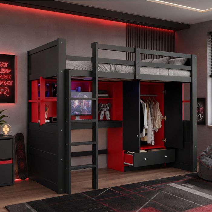 ROVRYN Lit mezzanine 90 x 200 cm avec bureau armoire tiroirs LED et prises bois noir et rouge
