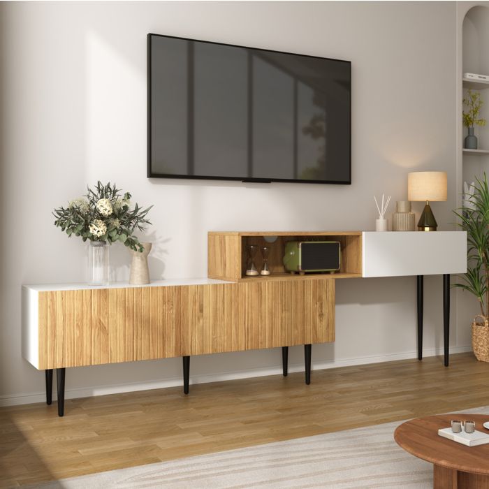 Meuble TV modulable longueur réglable 130-220 cm 2 pièces avec 3 portes abattantes passe-câbles blanc et bois ORVRYN