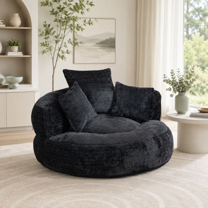Pouf Poire 108×108×52 cm avec Trois Coussins — Convient Canapé Lazy pour Salon et Chambre Chenille Noir
