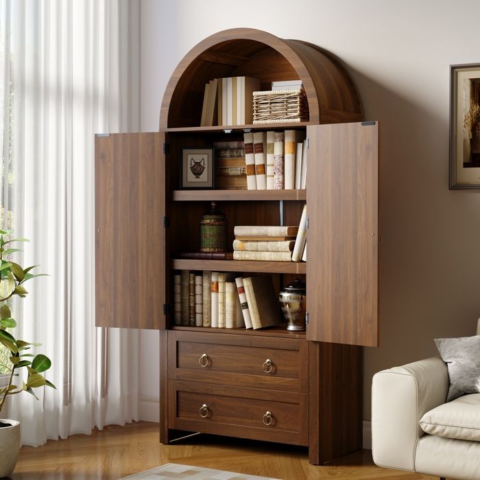 Buffet Haut 80x40x180 cm LEMLIT Bahut Effet Noyer avec Porte Style Rotin 2 Tiroirs Étagères Ouvertes Crochets Salon - Noyer
