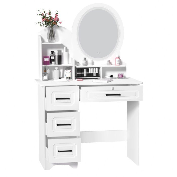 Coiffeuse avec miroir - WILITTO - en panneaux écologiques - 4 tiroirs - 3 options déclairage - étagères ouvertes - 80x40x137cm