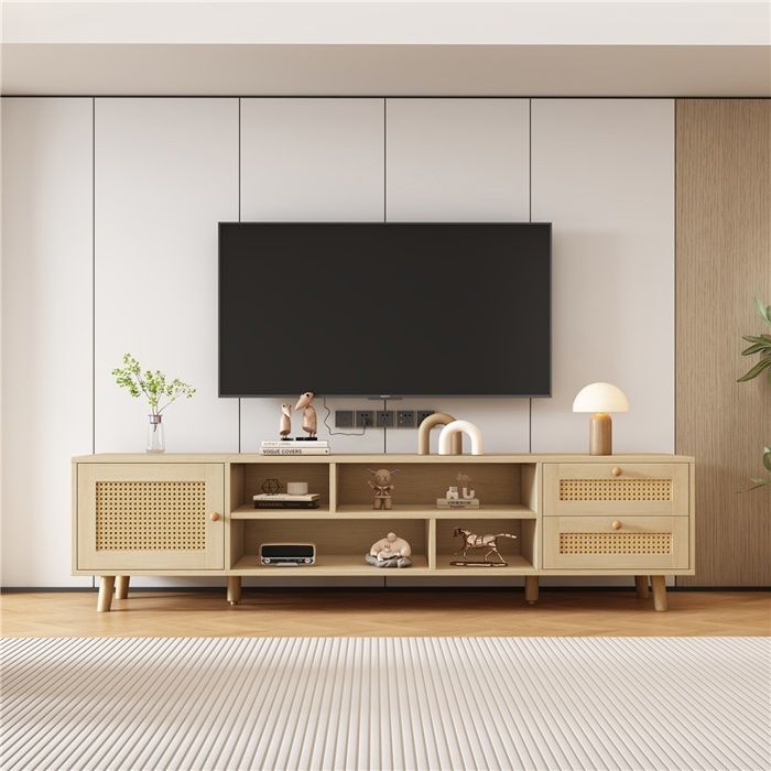 Meuble TV 160cm Bois Rotin avec 2 Tiroirs et 1 Porte Support Écran 70 avec Gestion Câbles Lowboard pour Salon Salle à Vivre Meuble TV 160cm Bois Rotin avec 2 Tiroirs et 1 Porte Support Écran 70 avec Gestion Câbles Lowboard pour Salon Salle à Vivre