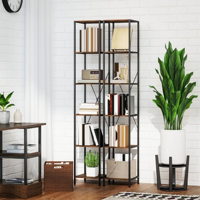 Bibliotheque 6 Niveaux Marron Rustique Etagere Industrielle FloraGrace Pour Salon Bureau Chambre Lot De 2 30x30x174 5cm
