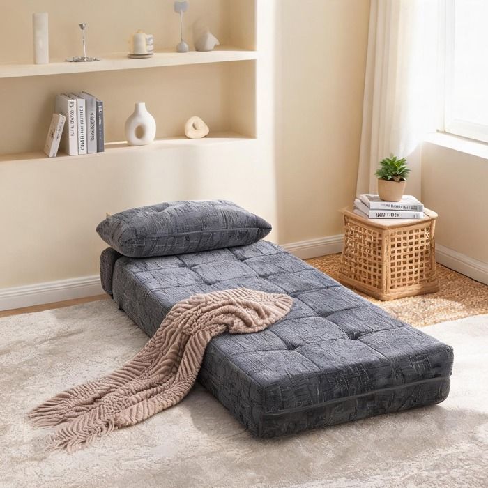 Canapé-lit pliant dintérieur carré gris ton sur ton en chenille avec coussins tête et lombaire mousse haute densité 79 x 79 x