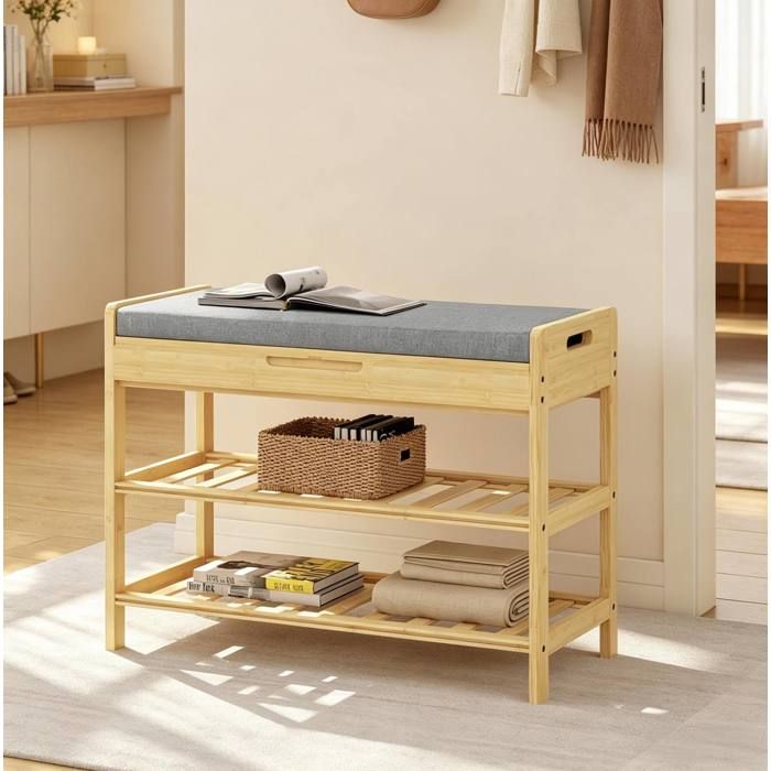 VUENOR Banc à chaussures 68x50x30 cm gris et bambou avec siège rembourré 2 étagères