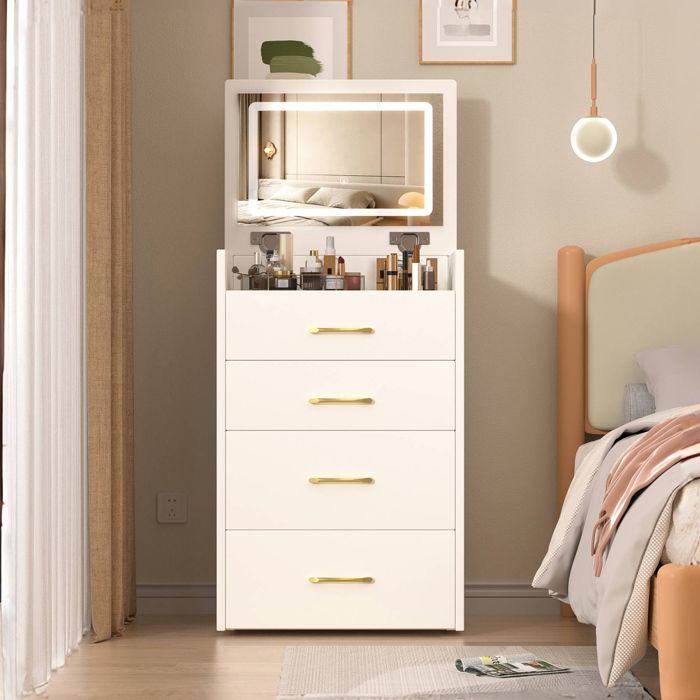 Coiffeuse dangle 3-en-1 AESVAR avec miroir rabattable plateau en verre et tabouret inclus 60 x 40 x 118 cm blanc