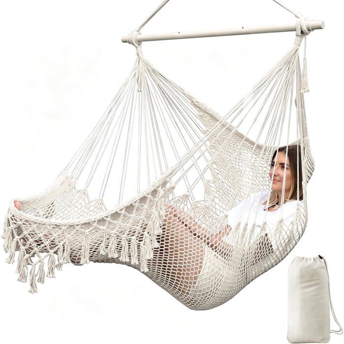 Chaise hamac suspendue en coton tissé - barre décartement 100 cm métal pliable - siège large usage intérieur et extérieur