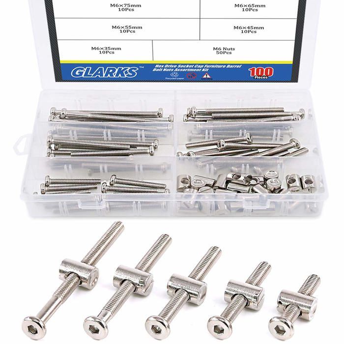 Lot de 100 vis M6 x 35/45/55/65/75mm à tête hexagonale pour meubles berceaux lits de bébé lits pour bébé chaises - plaqué nickel