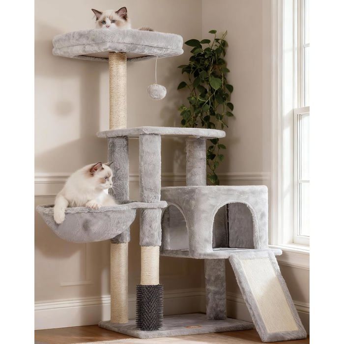 ARBRE À CHAT-ZENATERRA-Arbre à chat avec brosse nettoyage automatique chaise longue bac à litière gris clair