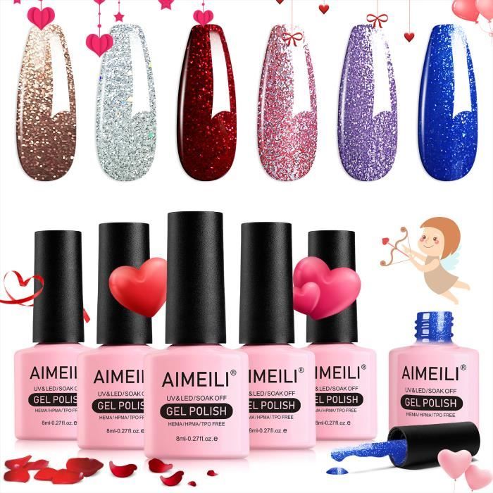 Vernis Semi-permanent Pailleté – Coffret 6 Couleurs (argent, Gris, Jaune, Rose, Violet, Marin)