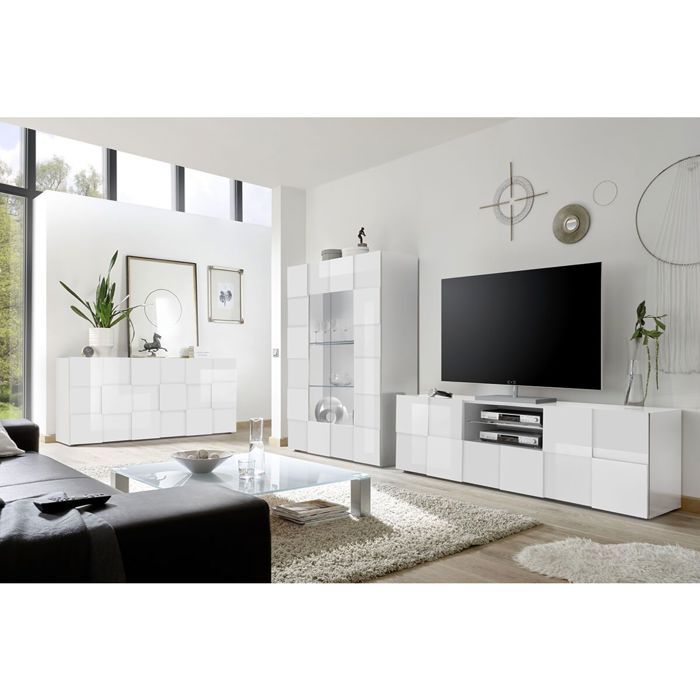 REBECCA - Ensemble Salon Meuble TV 181 cm Blanc Laqué Weiss Relief Damiers REBECCA - Ensemble Salon Meuble TV 181 cm Blanc Laqué Weiss Relief Damiers