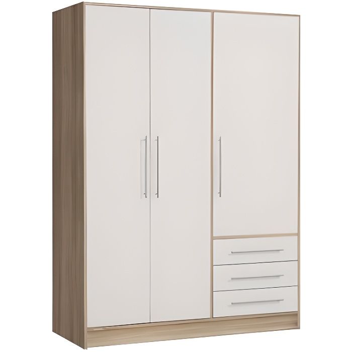 armoire dressing - faro - 3 portes - blanc - chêne clair - 3 tiroirs