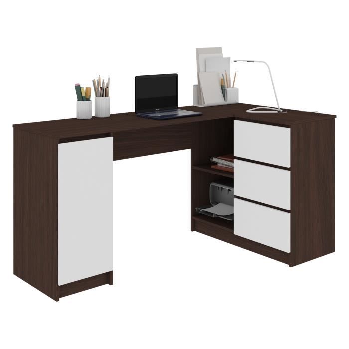 BALAUR | Bureau informatique d'angle contemporain 155x85x77 cm | 3 tiroirs + porte | Table ordinateur multi-rangements | Wenge/Blanc