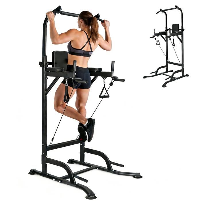 BIGZZIA Station de traction  Barre de traction dips Multifonctions r&eacute;glables Charge 150 kg Hauteur r&eacute;glable 170 - 220 cm Noir 
