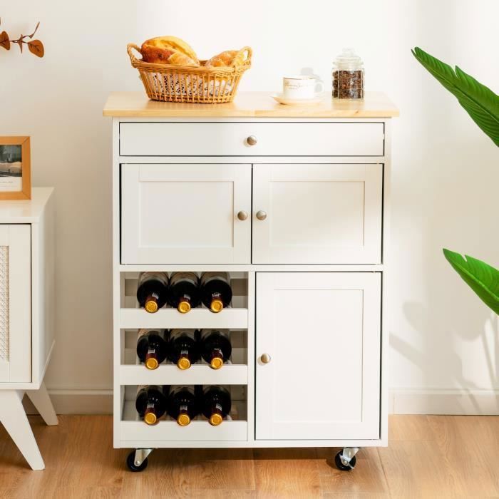COSTWAY Desserte de Cuisine en Bois d’Hévéa et en MDF à Roulettes avec Tiroir Porte-Bouteilles à 3 niveaux et 2 Placards Blanc