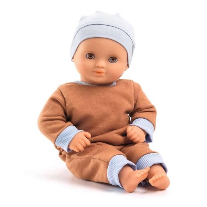 poupée baby praline pomea - djeco - corps souple - pyjama et bonnet en jersey et coton - 18 mois et plus - rose