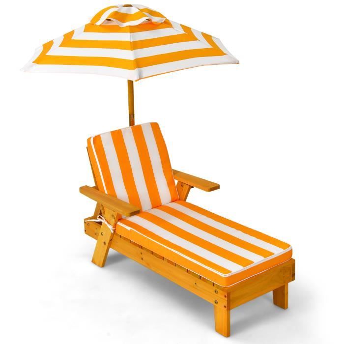 dreamade chaise longue en bois avec coussin et parasol amovible, charge 50kg pour enfant 3-8 ans, 92 x 49 x 106cm, jaune