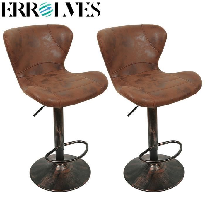 Tabouret de Bar Industriel Réglable en Hauteur - ERROLVES - Lot de 2 - Marron Vintage - Cuir et Fer