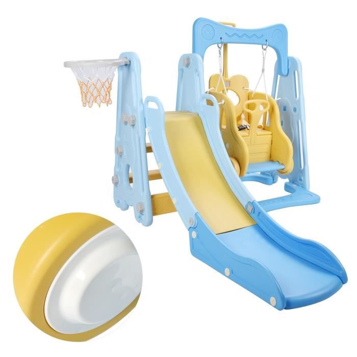 Toboggan Bébé 6 En 1 Avec Panier Basket - Aire De Jeux Intérieur - Anti-Dérapant, Sécurisé - Bleu/Jaune